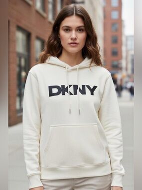 DKNY Women's Ivory CottonHood Drawstring Long Sleeve Hoodie Pullover Sweatshirt